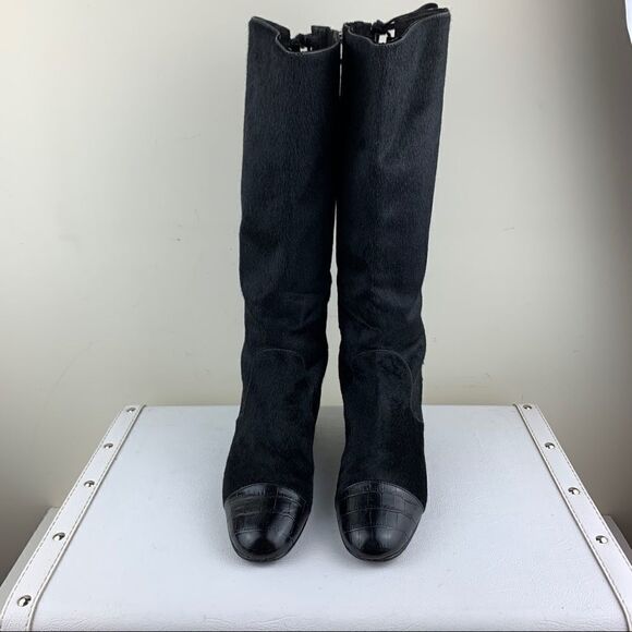 Migliorini Black Calf-Hair Tall Wedge Boots Back-Lace Detail‎ - Picture 2 of 16